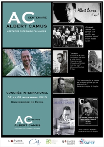 Affiche du colloque "Lectures Interdisciplinaires" organisé dans le cadre du centenaire Camus par l'université d'Evora (Portugal) du 7 au 9 novembre 2013.